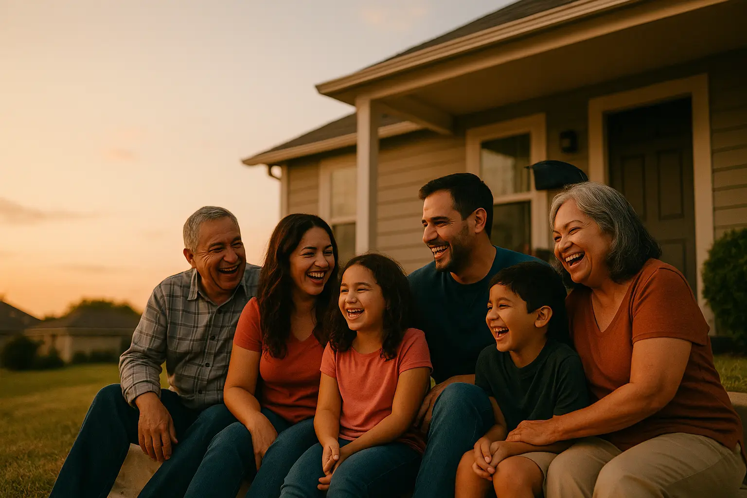 Three generations of a family laughing together on their front porch at sunset